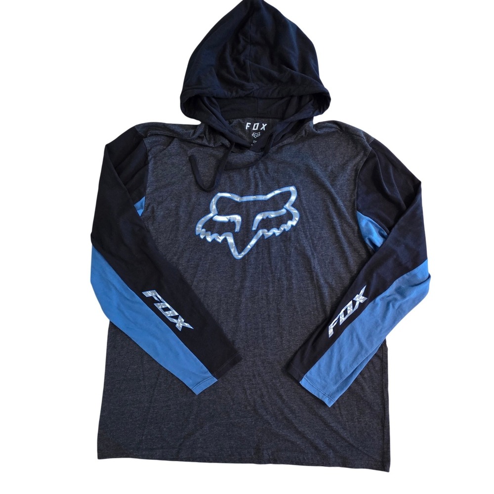 Fox Racing Hooded Tshirt Mens XXL Motocross Graphic Long Sleeve Gray Blue